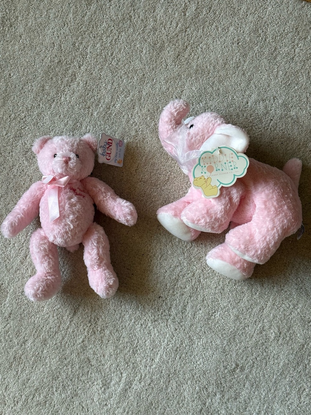Pink Plush Elephant and Bear Set - Soft Cuddly Kids Toys